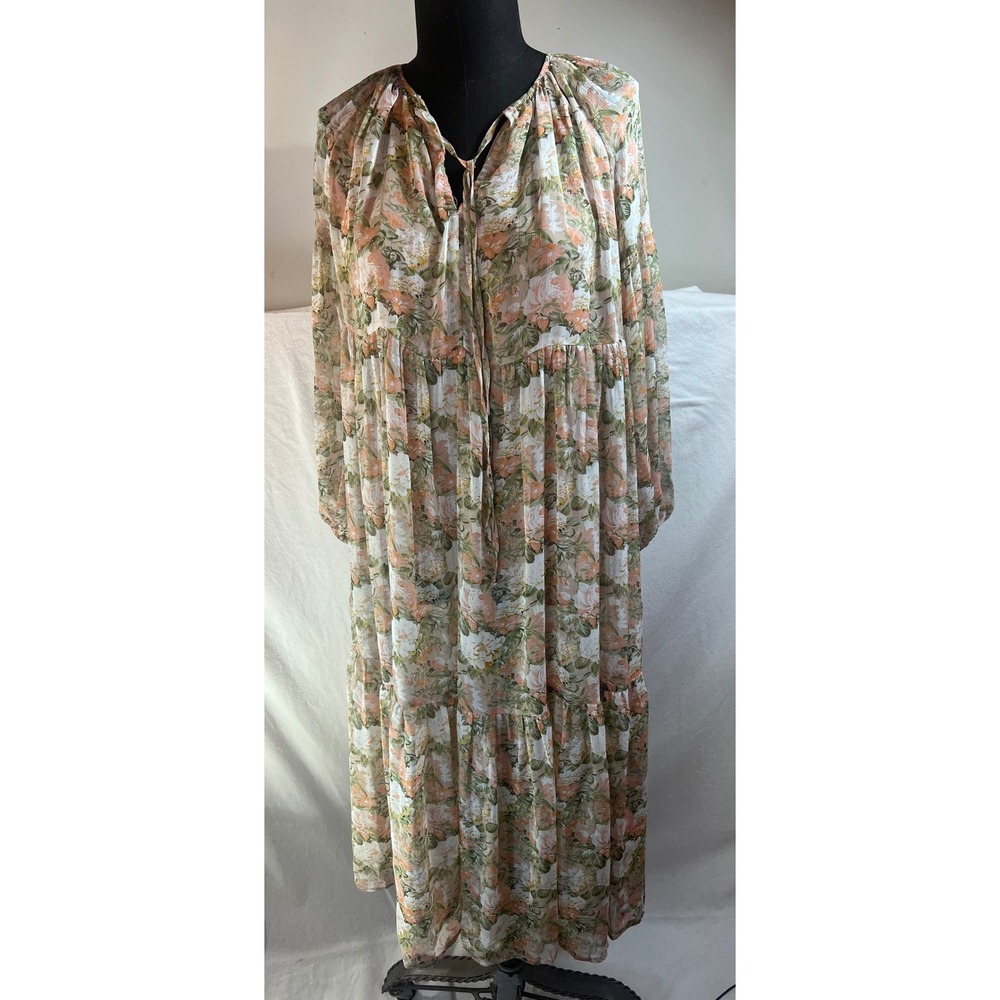 Lulus Floral‎ Chiffon Tiered Maxi Dress Peach Green Boho Long Sleeve Small